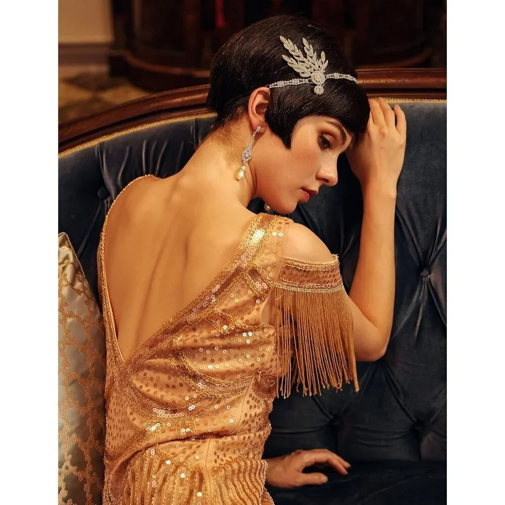 Art Deco Pearl Headband Flapper Gatsby 1920s Gold Leaf Medallion Great Gatsby